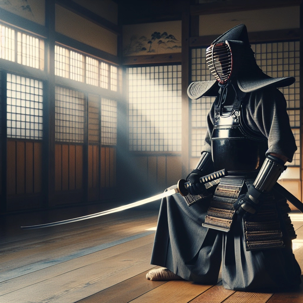 Man standing in traditional Kendo uniform with a sword, in a dojo, ready for practice - brooklyn dojo studio - new york